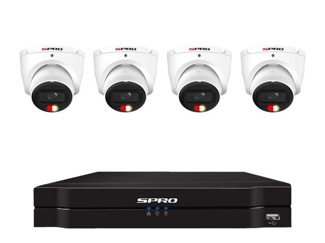 Four SPRO 4MP Active Deterrence turret cameras in a row above the SPRO A5 recorder