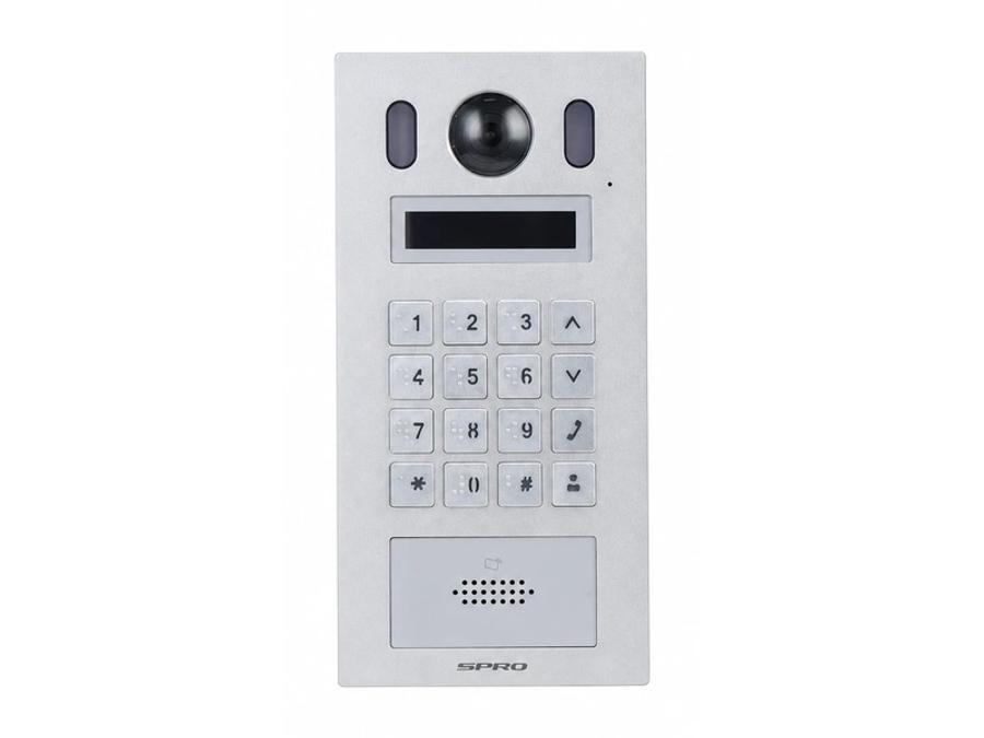 A SPRO apartment station with a keypad and display, for a block of flats