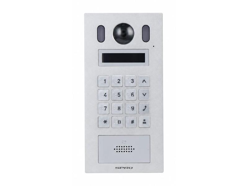 A SPRO apartment station with a keypad and display, for a block of flats