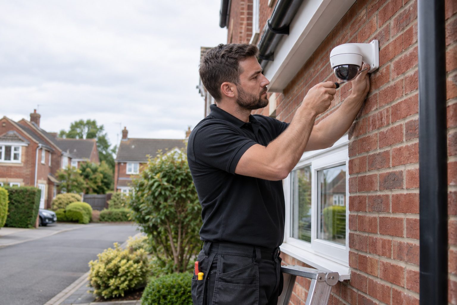 A Spotlight engineer fitting a dome camera to the front of a brick house