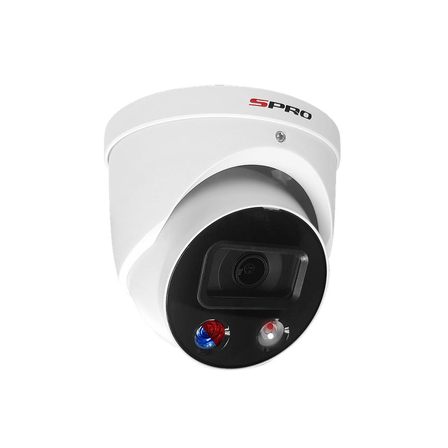The SPRO Active Deterrence Pro turret from the side, red and blue light lit