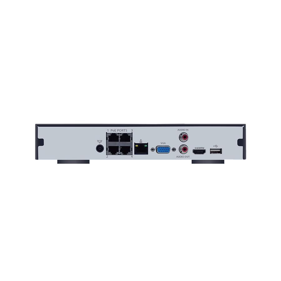 The back of the SPRO A5 4 channel recorder: four PoE camera ports, network, HDMI, VGA and audio