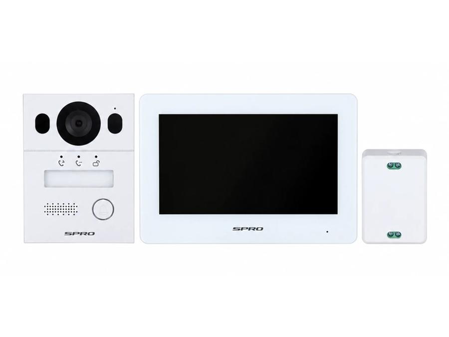 A SPRO 2-wire intercom kit: door station, 7-inch monitor and power supply, for a home with existing bell wiring