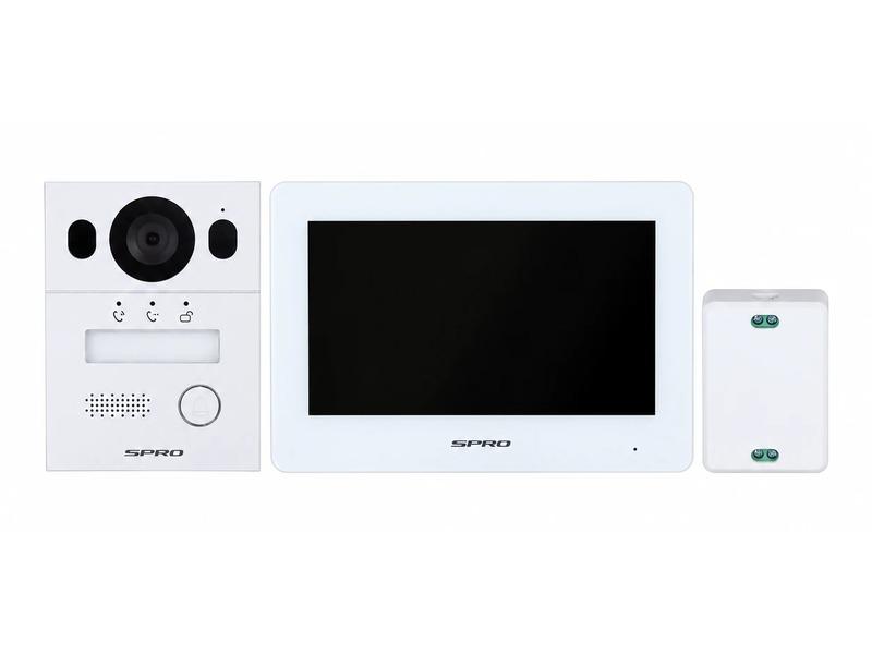 A SPRO 2-wire intercom kit: door station, 7-inch monitor and power supply, for a home with existing bell wiring