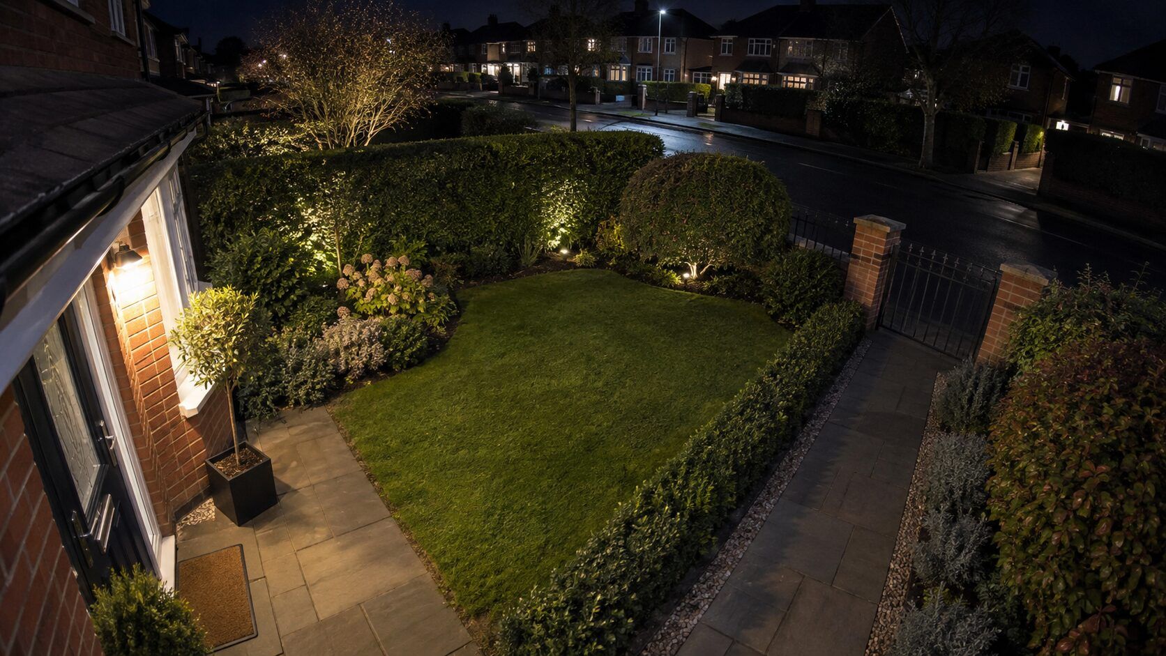 A front garden and the street beyond, recorded in full colour after dark