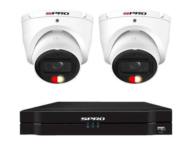 Two SPRO 4MP Active Deterrence turret cameras in a row above the SPRO A5 recorder
