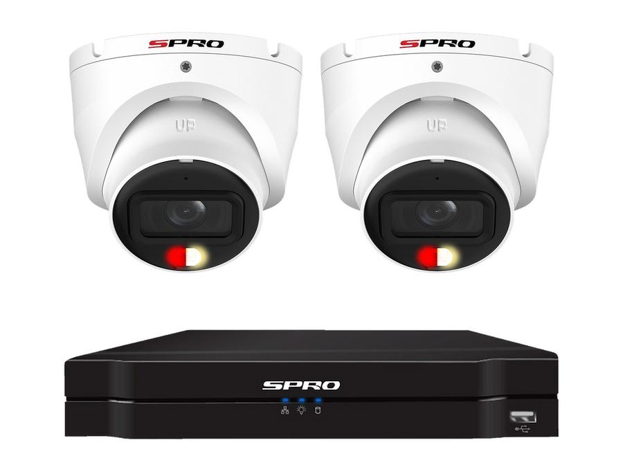 Two SPRO 4MP Active Deterrence turret cameras in a row above the SPRO A5 recorder