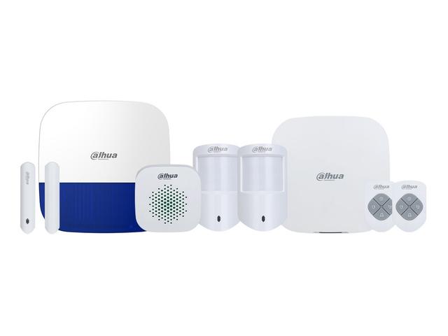 The Dahua wireless alarm kit with key fobs: hub, outside siren, inside siren, two movement detectors, door contact and two fobs