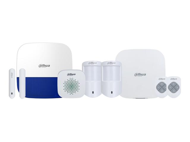 The Dahua wireless alarm kit with key fobs: hub, outside siren, inside siren, two movement detectors, door contact and two fobs