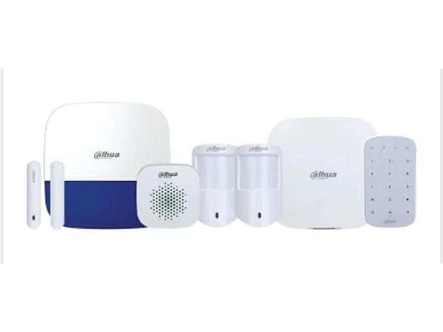 The Dahua wireless alarm kit with keypad: hub, outside siren, inside siren, two movement detectors, door contact and keypad