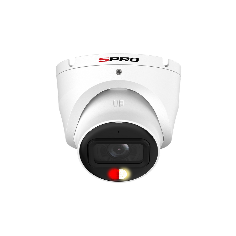 A white SPRO 4MP Active Deterrence turret camera from the front, with its warm light and infrared LED
