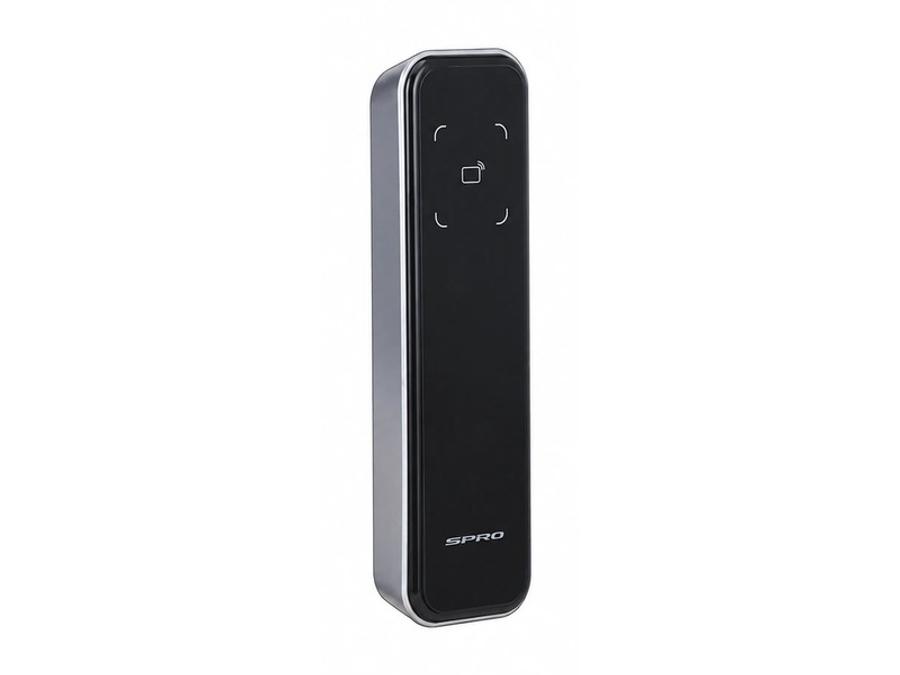 A SPRO fob and card reader in black, for a door with no camera
