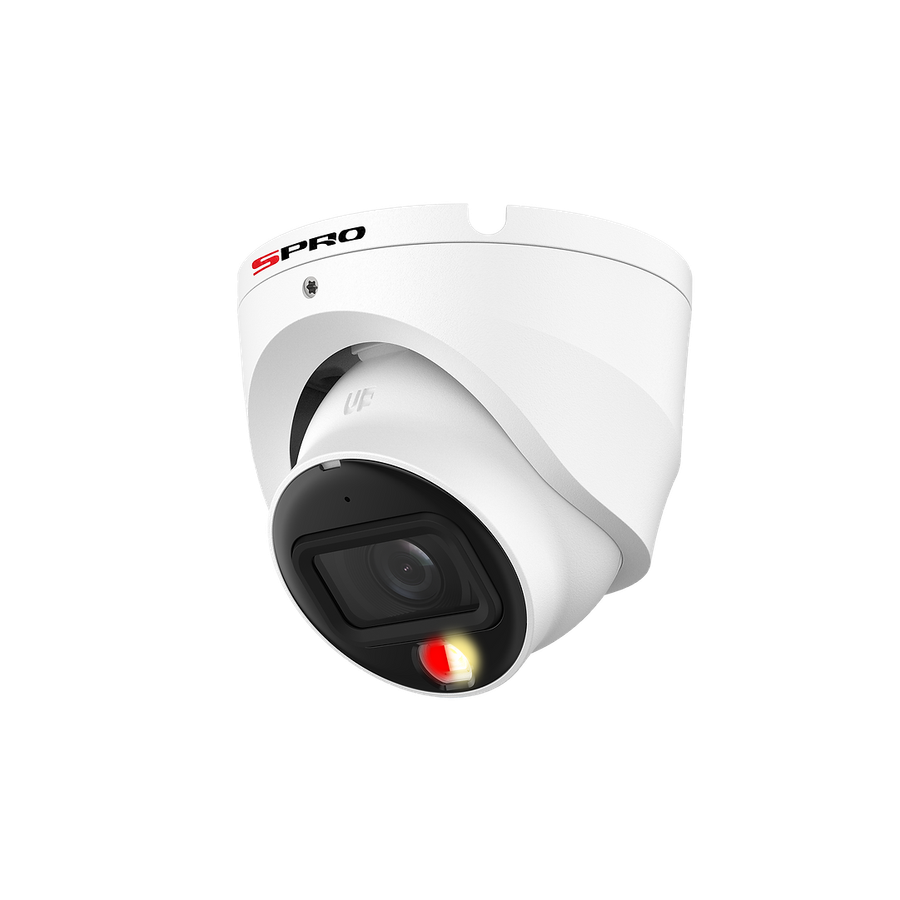 The SPRO 4MP Active Deterrence turret from the side, showing the ball joint that aims it