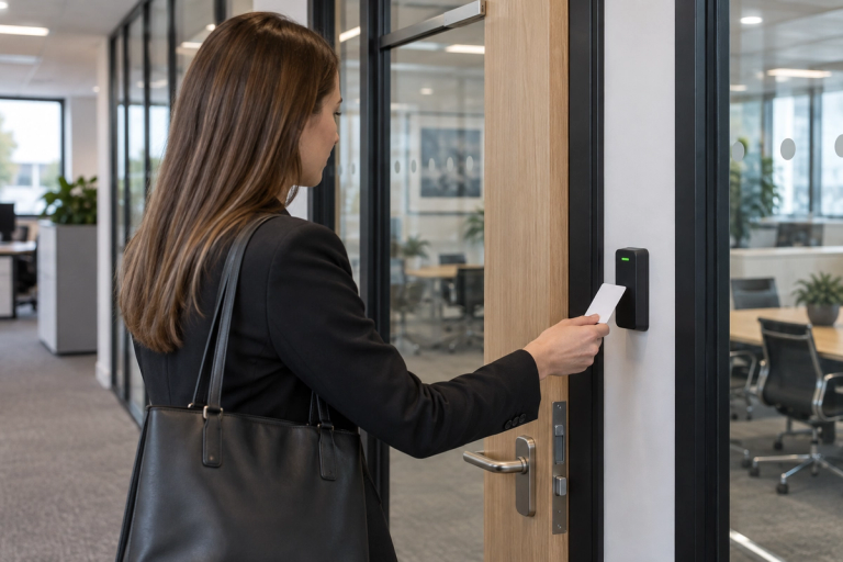 A proximity reader beside a commercial door