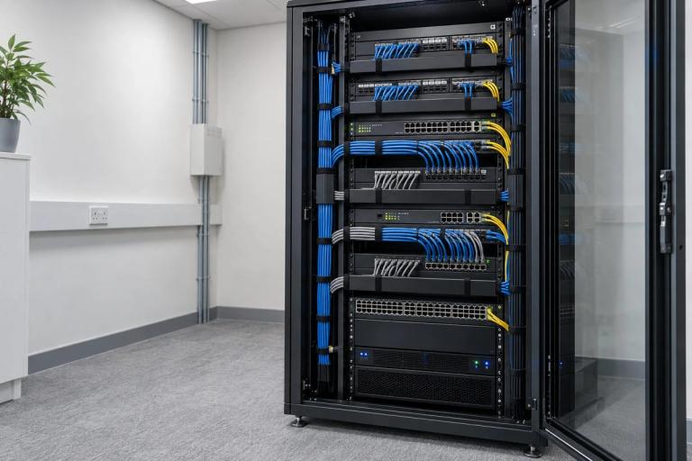 A comms cabinet with neatly dressed blue and yellow patch leads