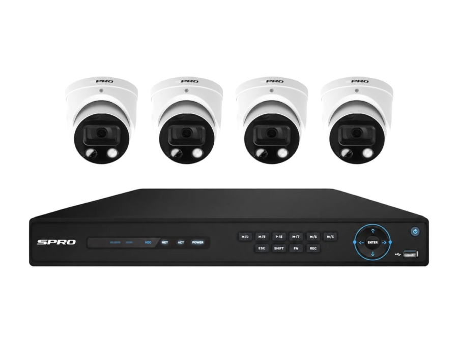 Four SPRO 8MP Active Deterrence Pro turret cameras in a row above the SPRO A9 recorder