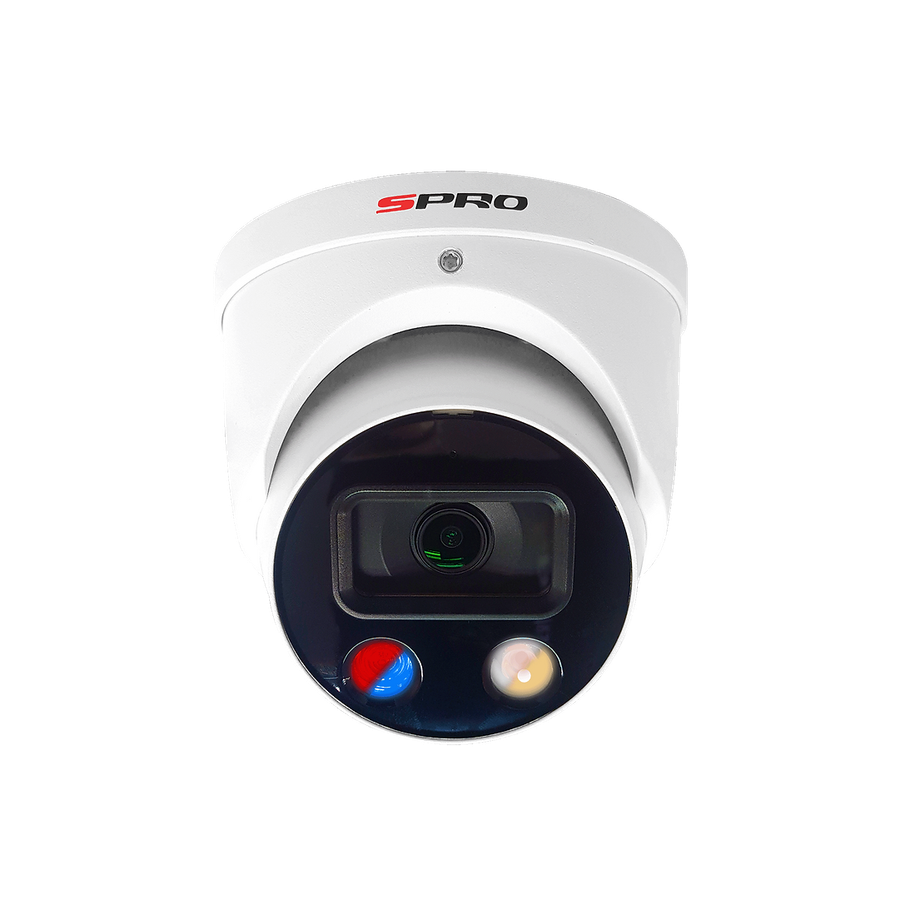 A white SPRO 8MP Active Deterrence Pro turret from the front, with its red and blue warning light and its white light