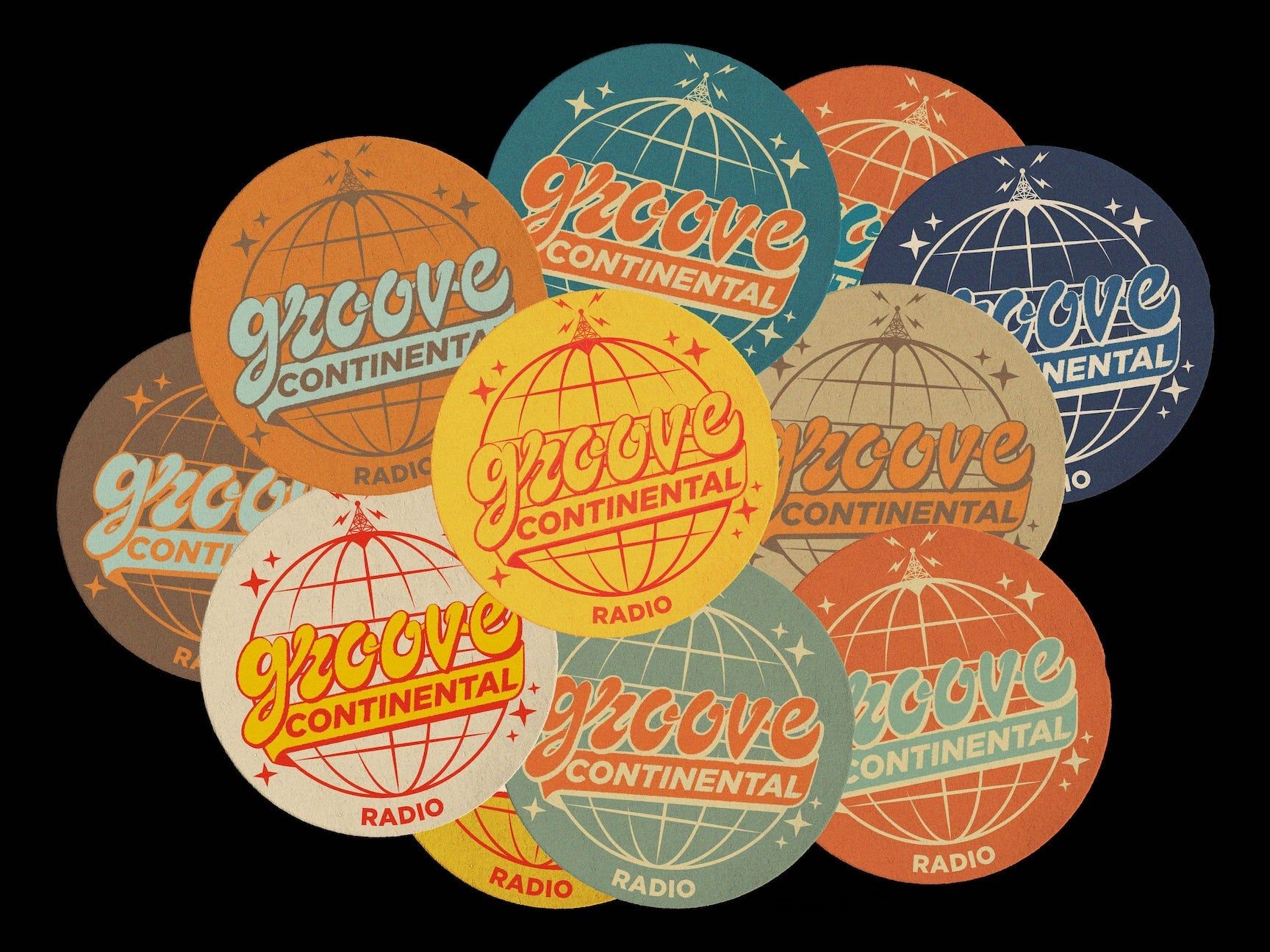 A bunch of overlapping stickers in various colors that read "Groove Continental Radio."