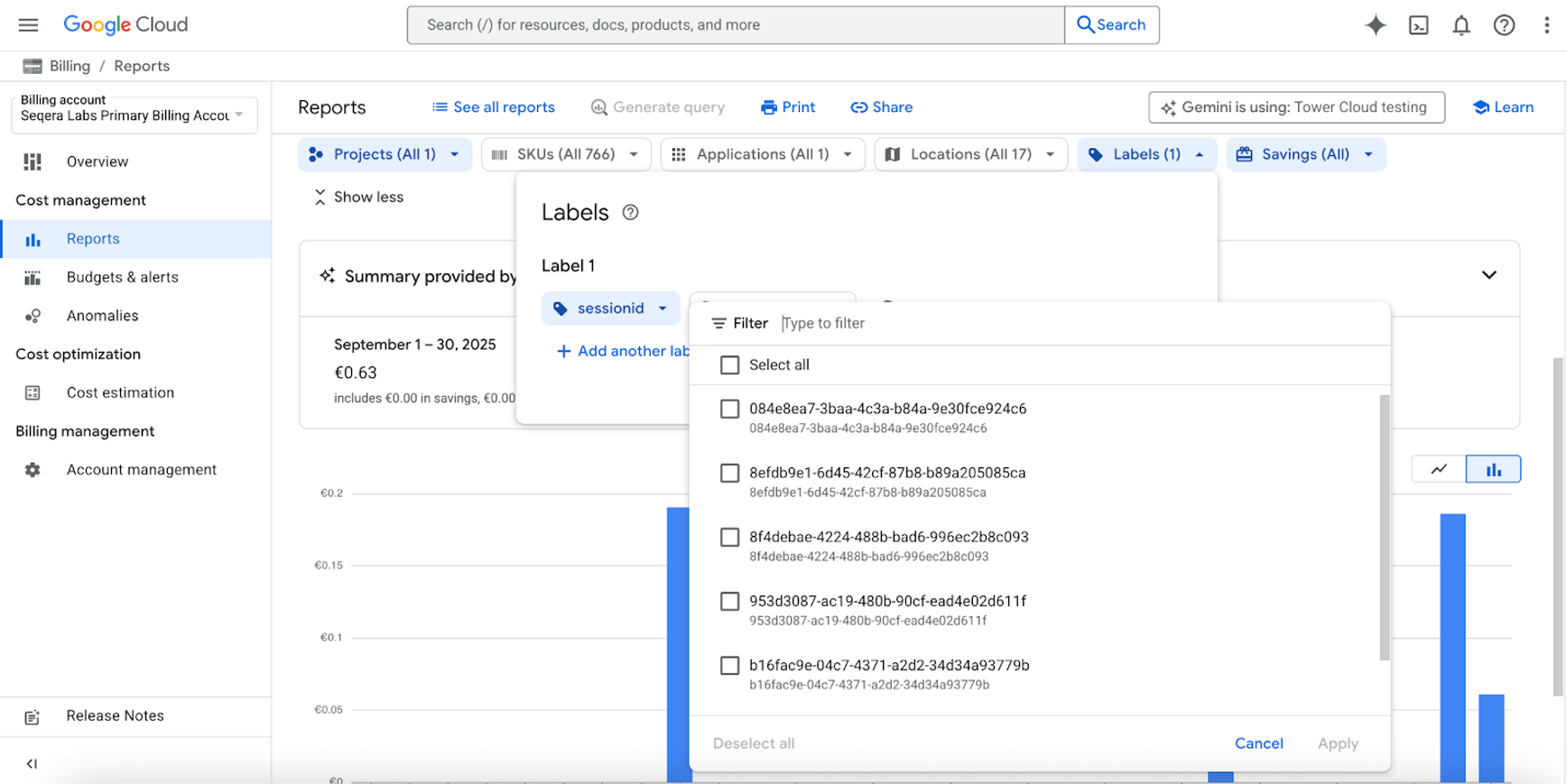Filter Google Cloud billing reports by unique Platform run or Nextflow session identifiers.