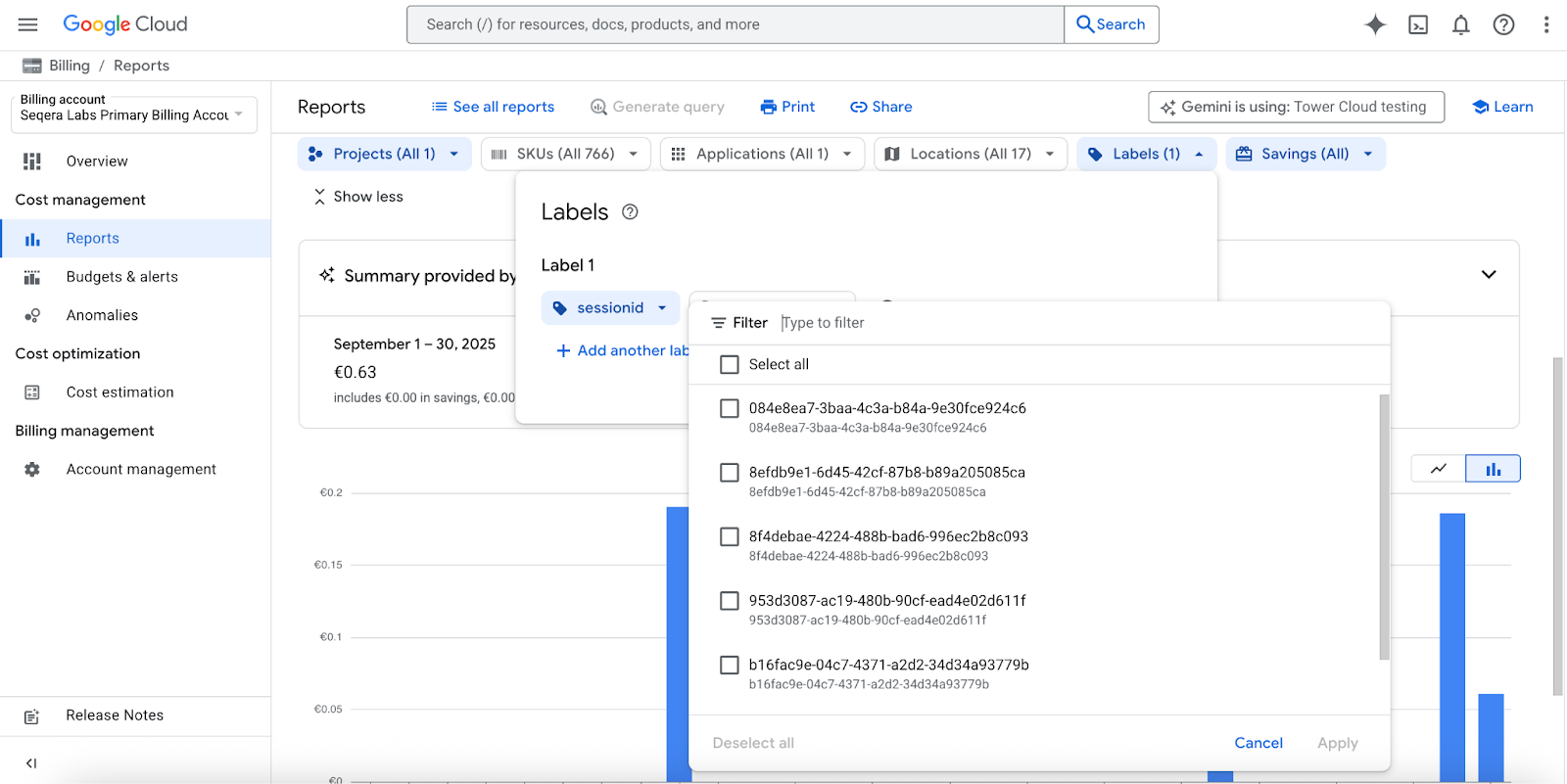 Filter Google Cloud billing reports by unique Platform run or Nextflow session identifiers.