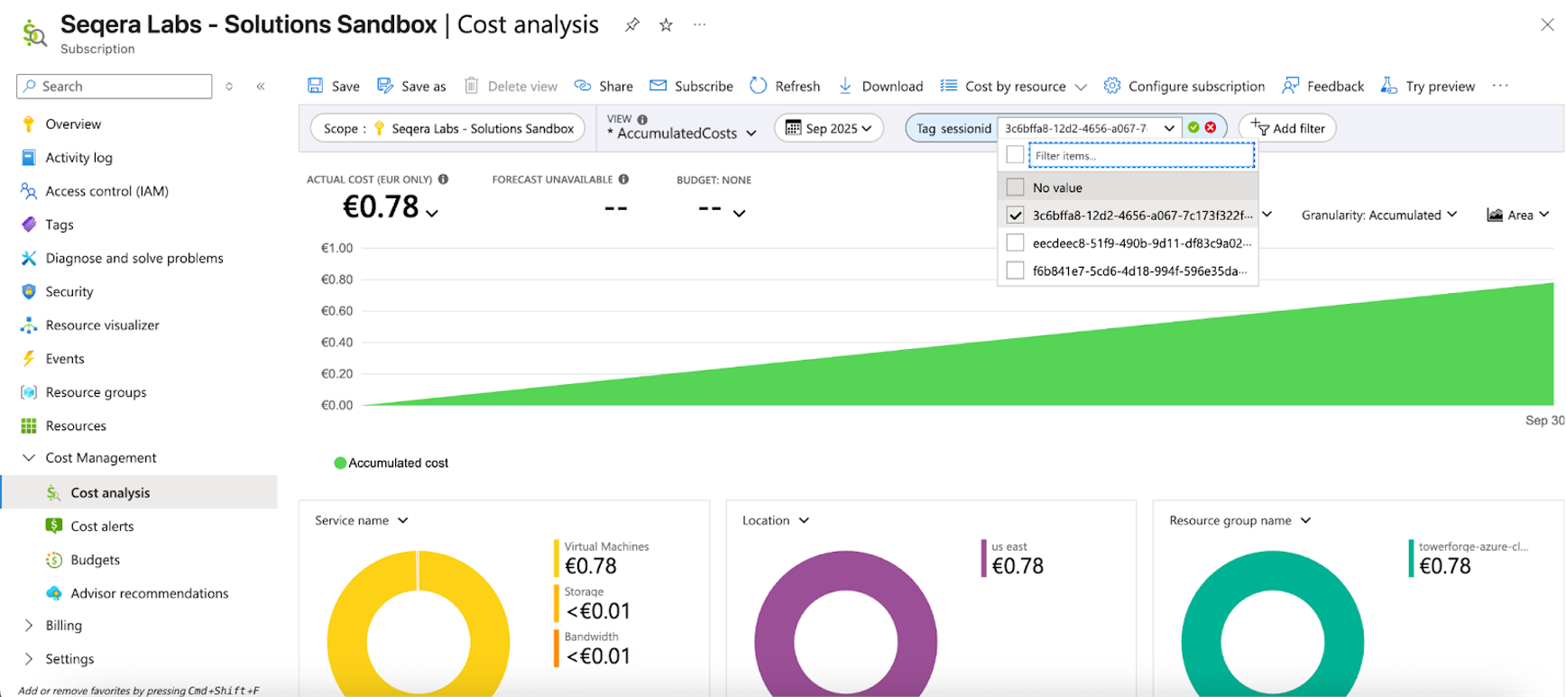Filter Azure Cost Management reports by unique Platform run or Nextflow session identifiers.