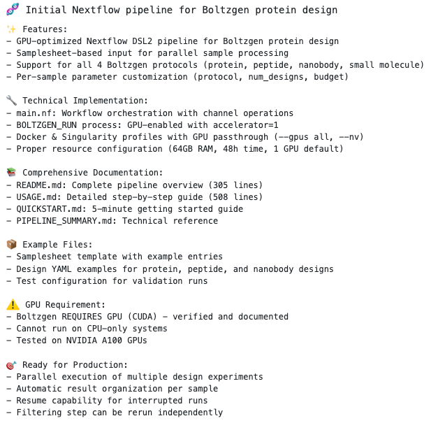 Figure 3. Commit message from Seqera AI implementing initial Nextflow pipeline using Boltzgen for protein design