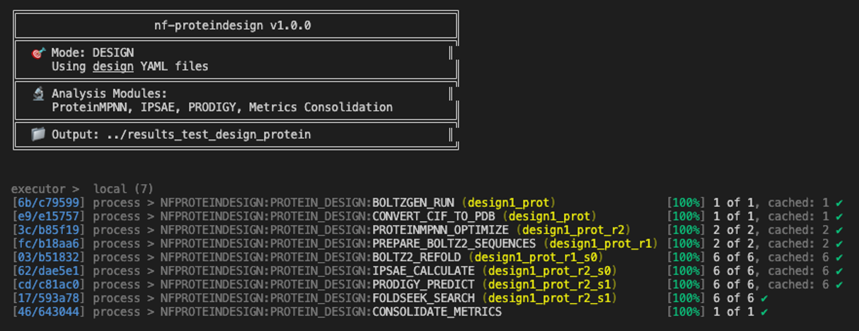 Figure 4. Nf-proteindesign Nextflow pipeline running end-to-end on a Nebius VM with an H100 Nvidia GPU.