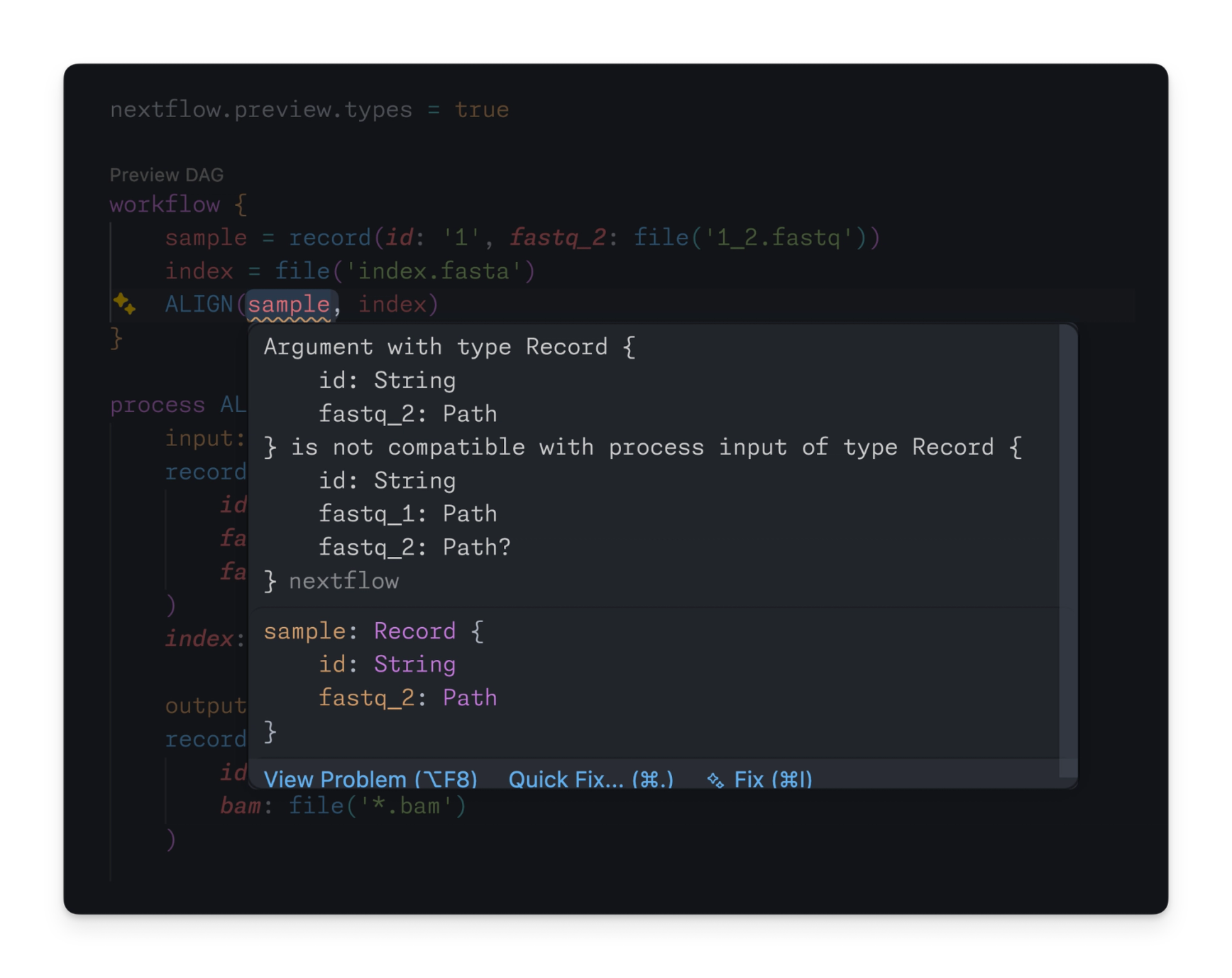 VS Code reporting an error for a record mismatch against a process input