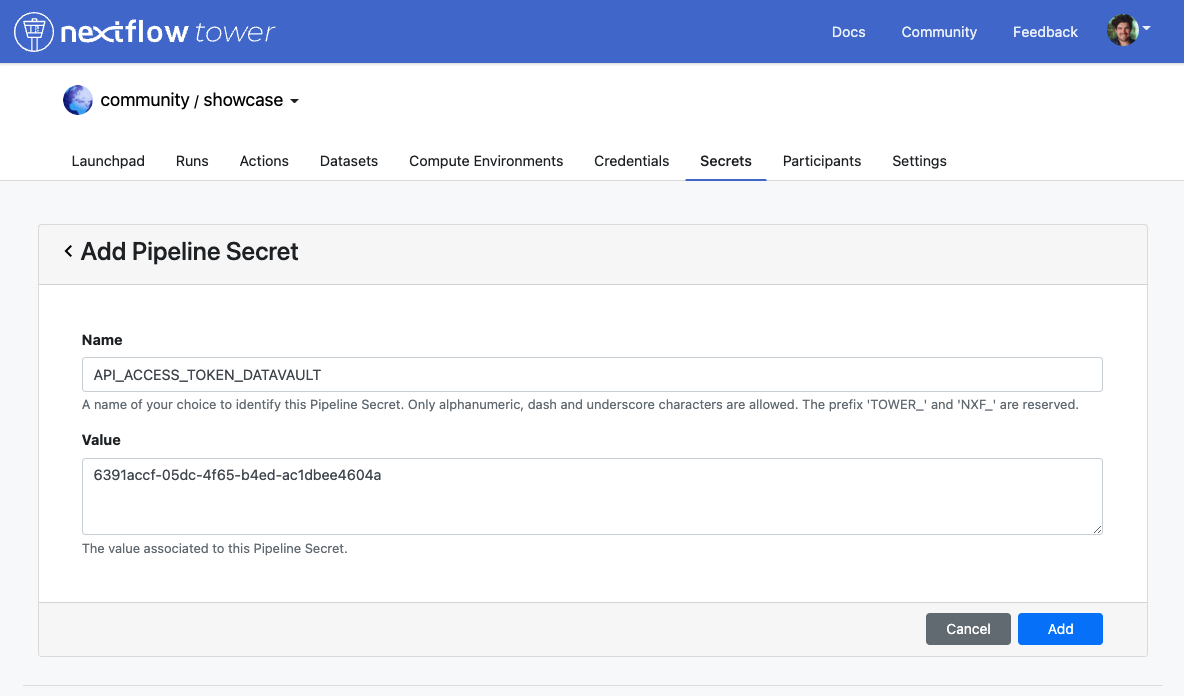 Tower Pipeline Secrets - Add Pipeline Secret