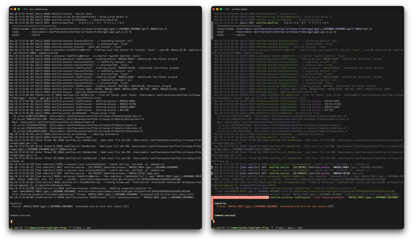 Viewing the same Nextflow log file with 'less' and with 'nextflow logfile'