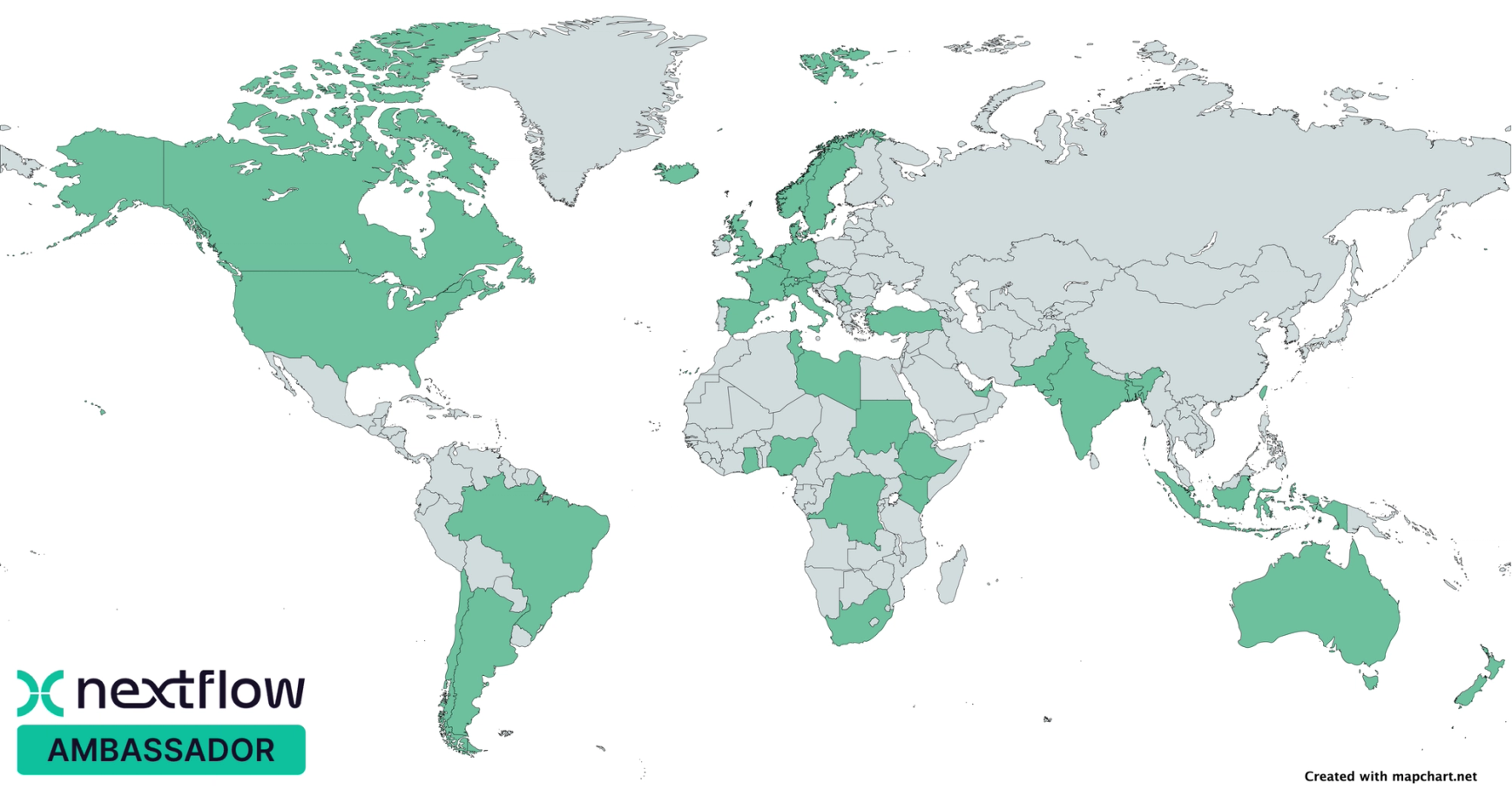 World map with countries where there are Nextflow Ambassadors colored in green.