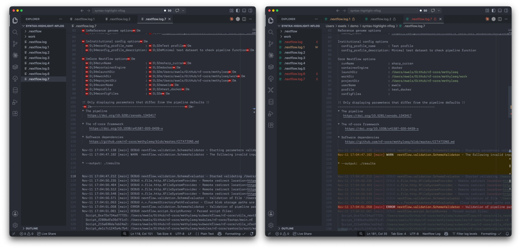 Viewing logfiles in VSCode with and without the Nextflow extension