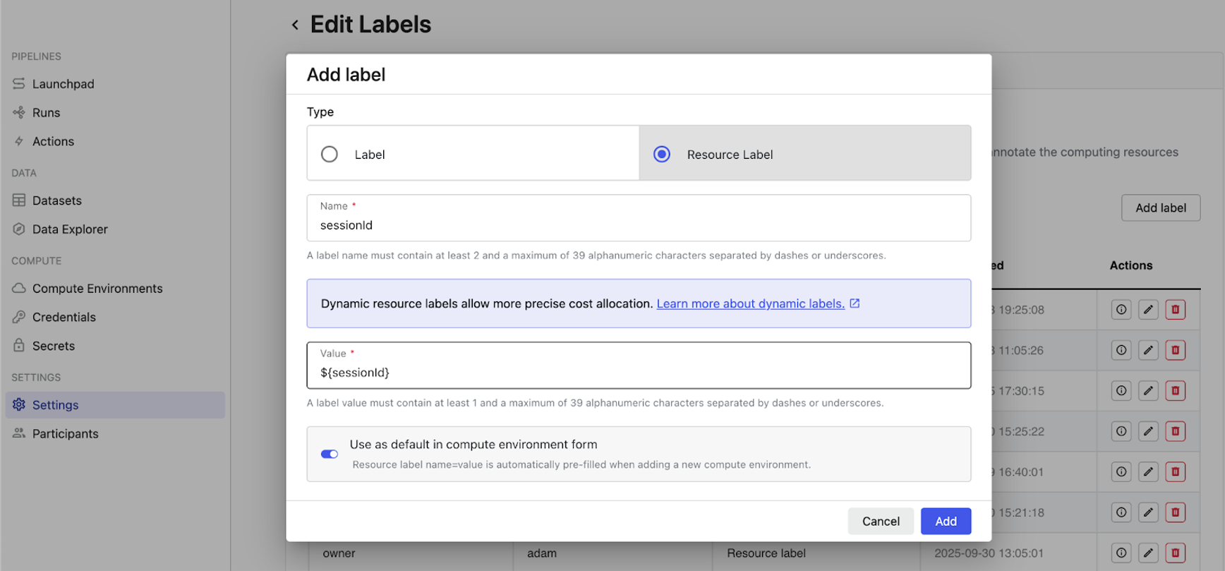 Add a dynamic resource label to a workspace in Seqera Platform