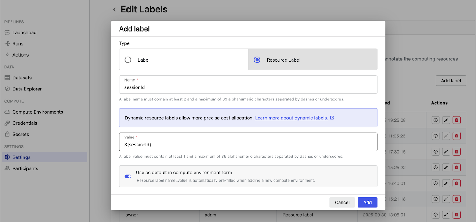 Add a dynamic resource label to a workspace in Seqera Platform