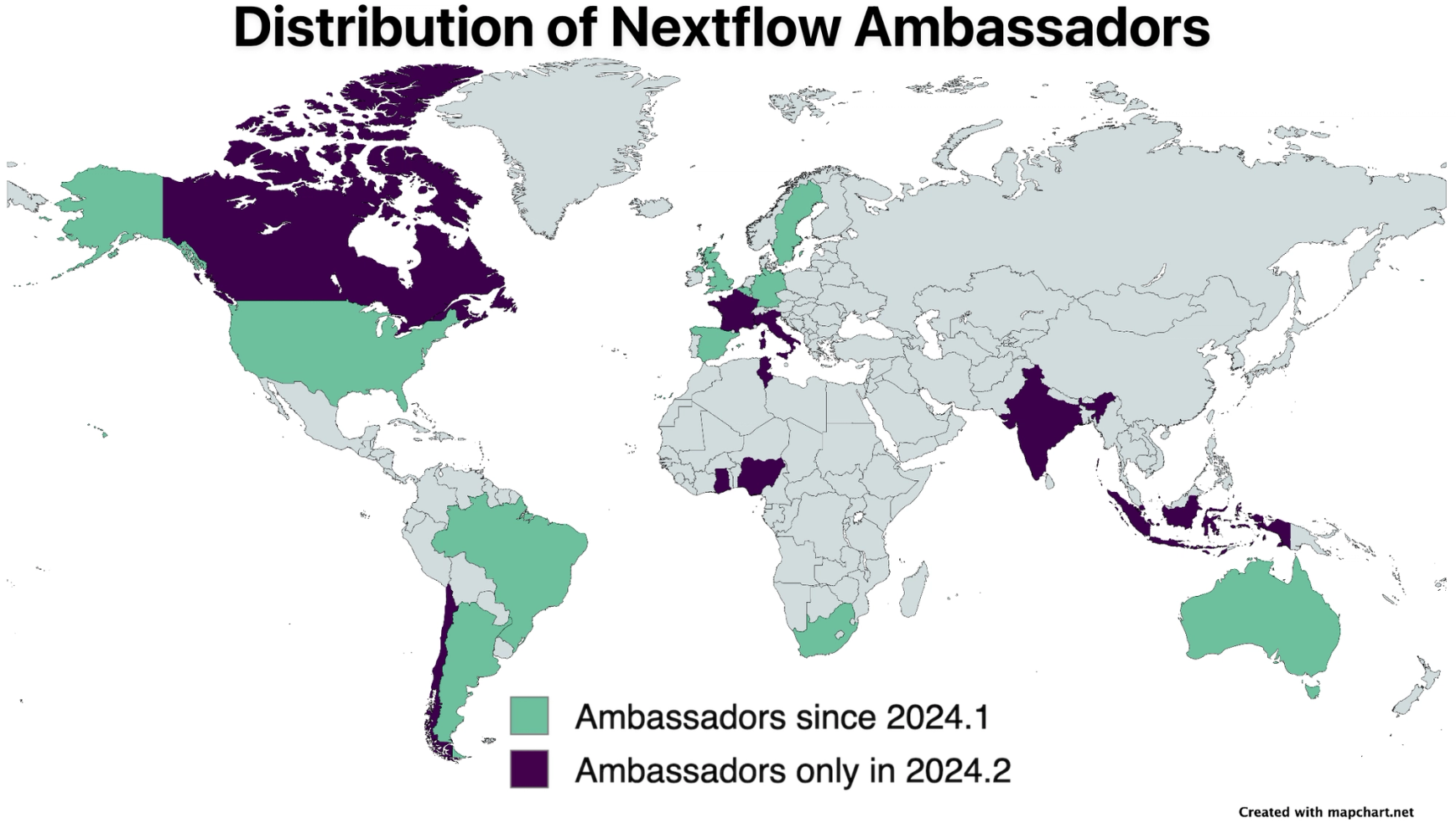 Map with colored countries based on ambassadors residency