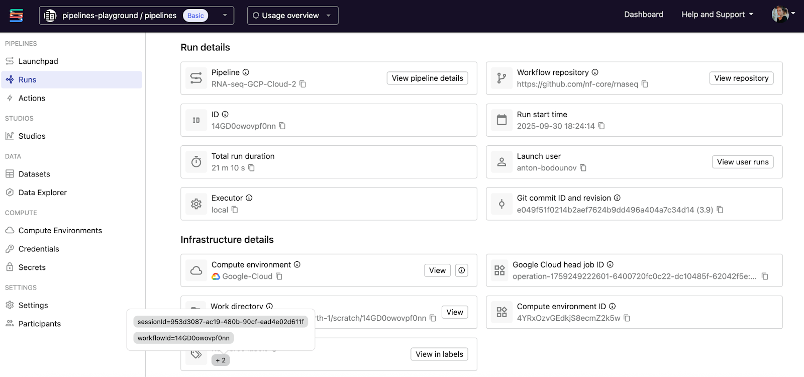 Dynamic resource labels tag Seqera Platform runs with unique values. These values are propagated to the cloud provider resources consumed by the run.