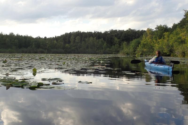 Paddlerin im Kajak zwischen Seerosen auf einem spiegelnden See.