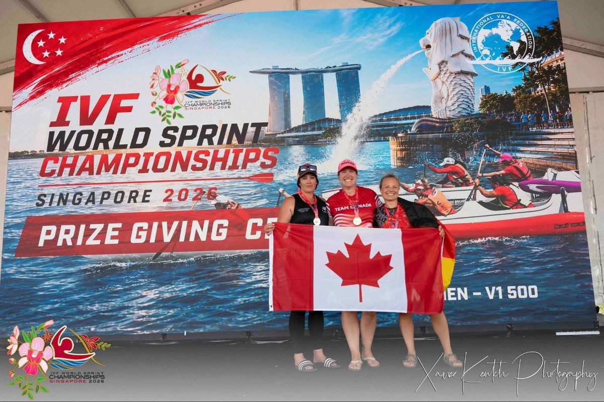 Podium mit Christiane und dem Worldsprints Banner im Hintergrund