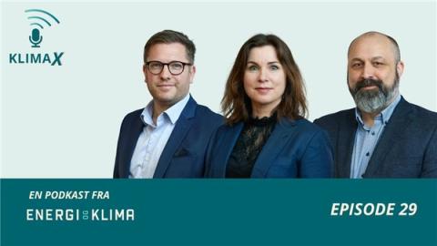 Podkastomslag for «KLIMAX» og «Energi og Klima, episode 29», med to menn og én kvinne.