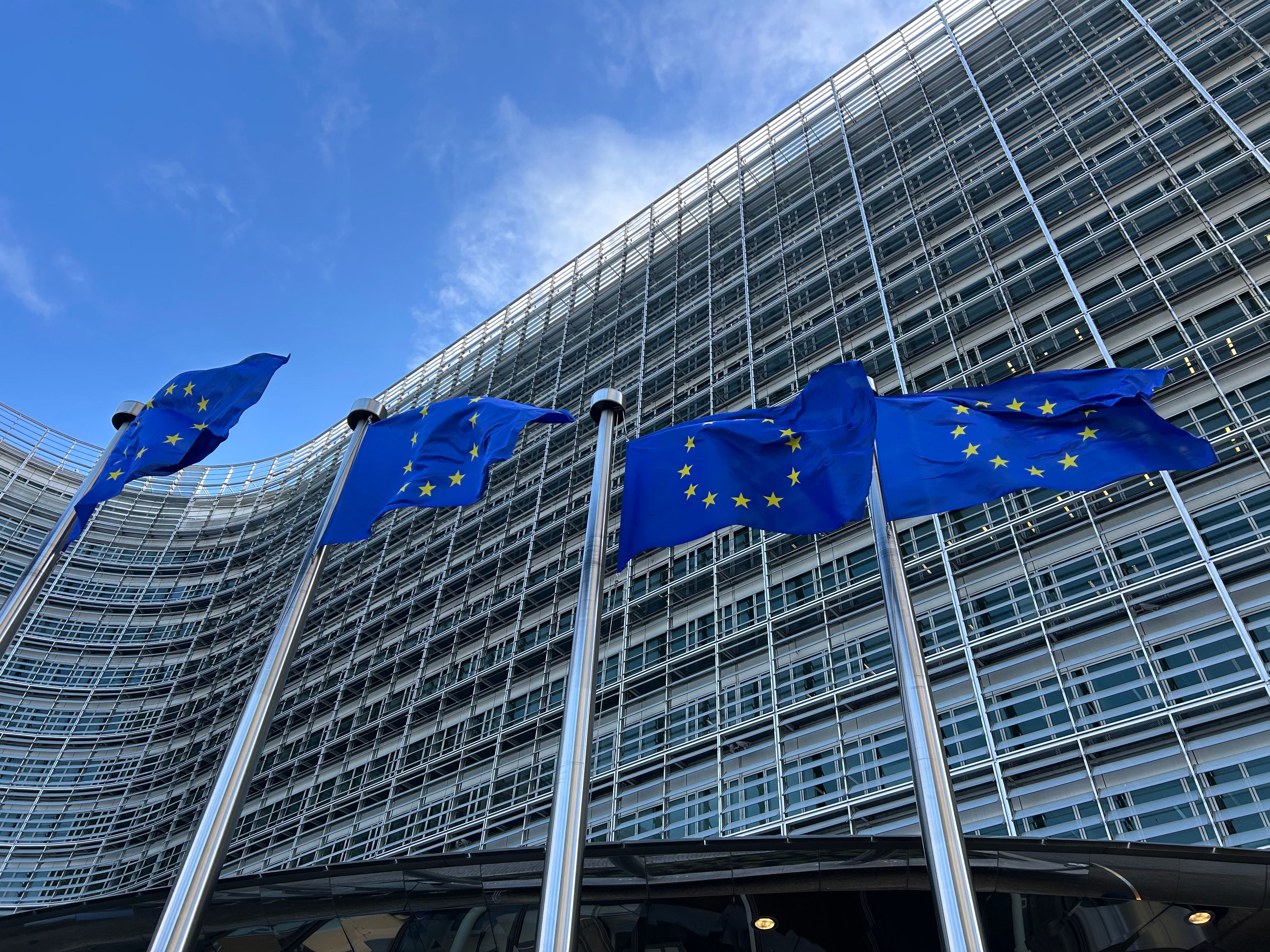 EU-flagg vaier foran en moderne glassbygning.