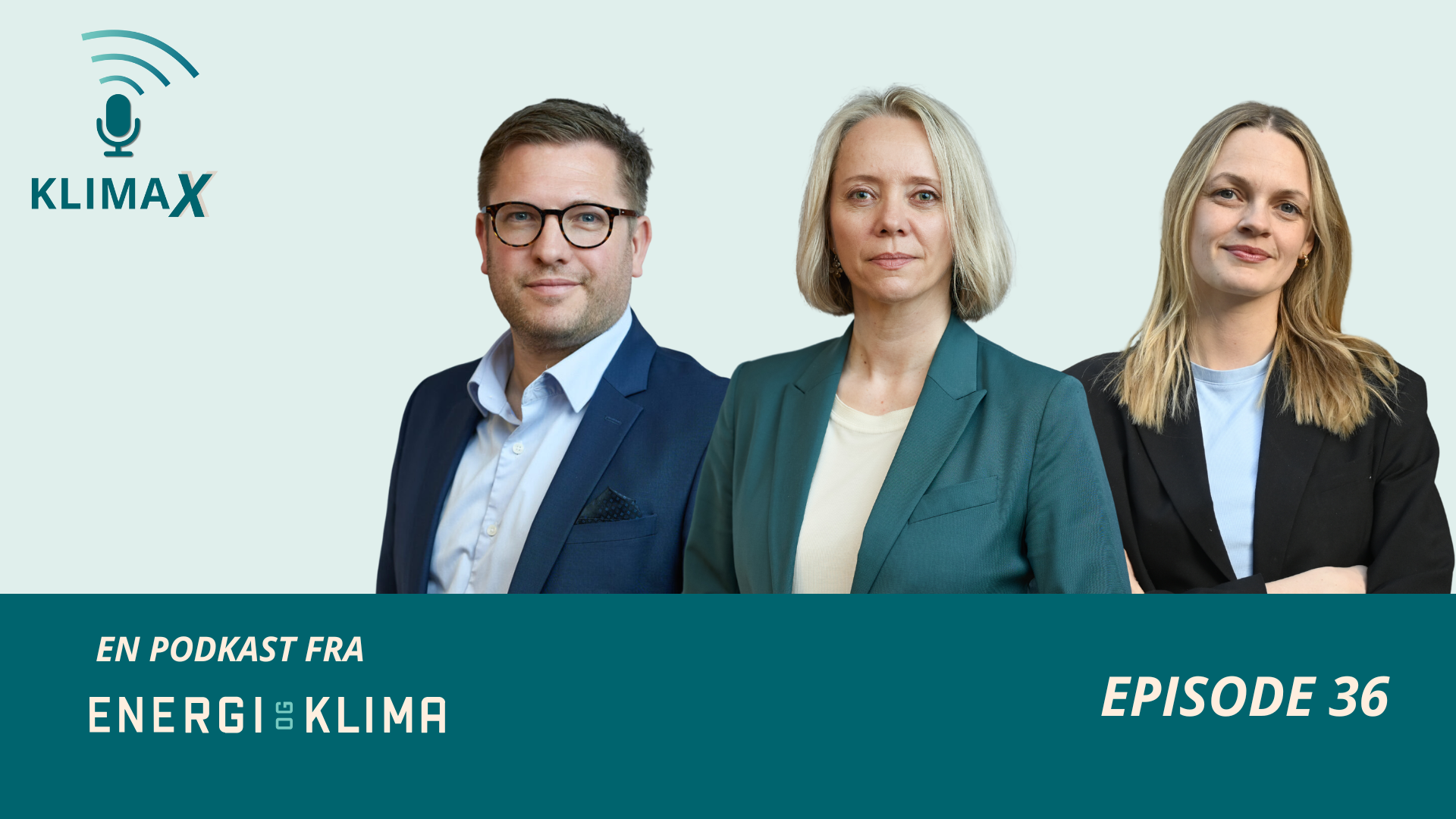 Episode 36 av podkasten Klimax-grafikk som viser en mann og to kvinner.