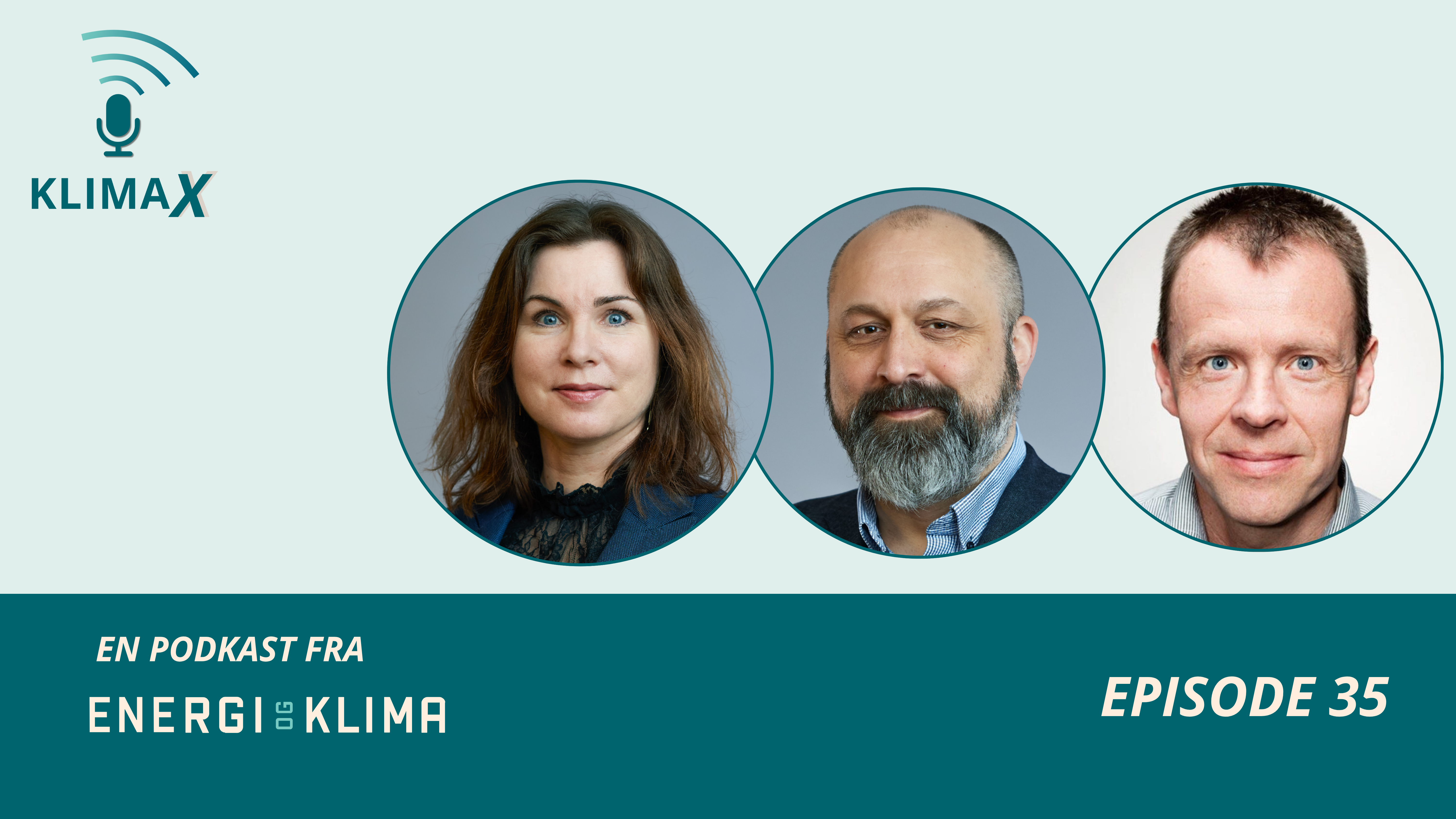 Podcastbanner for KLIMAX, episode 35, som viser tre personer.
