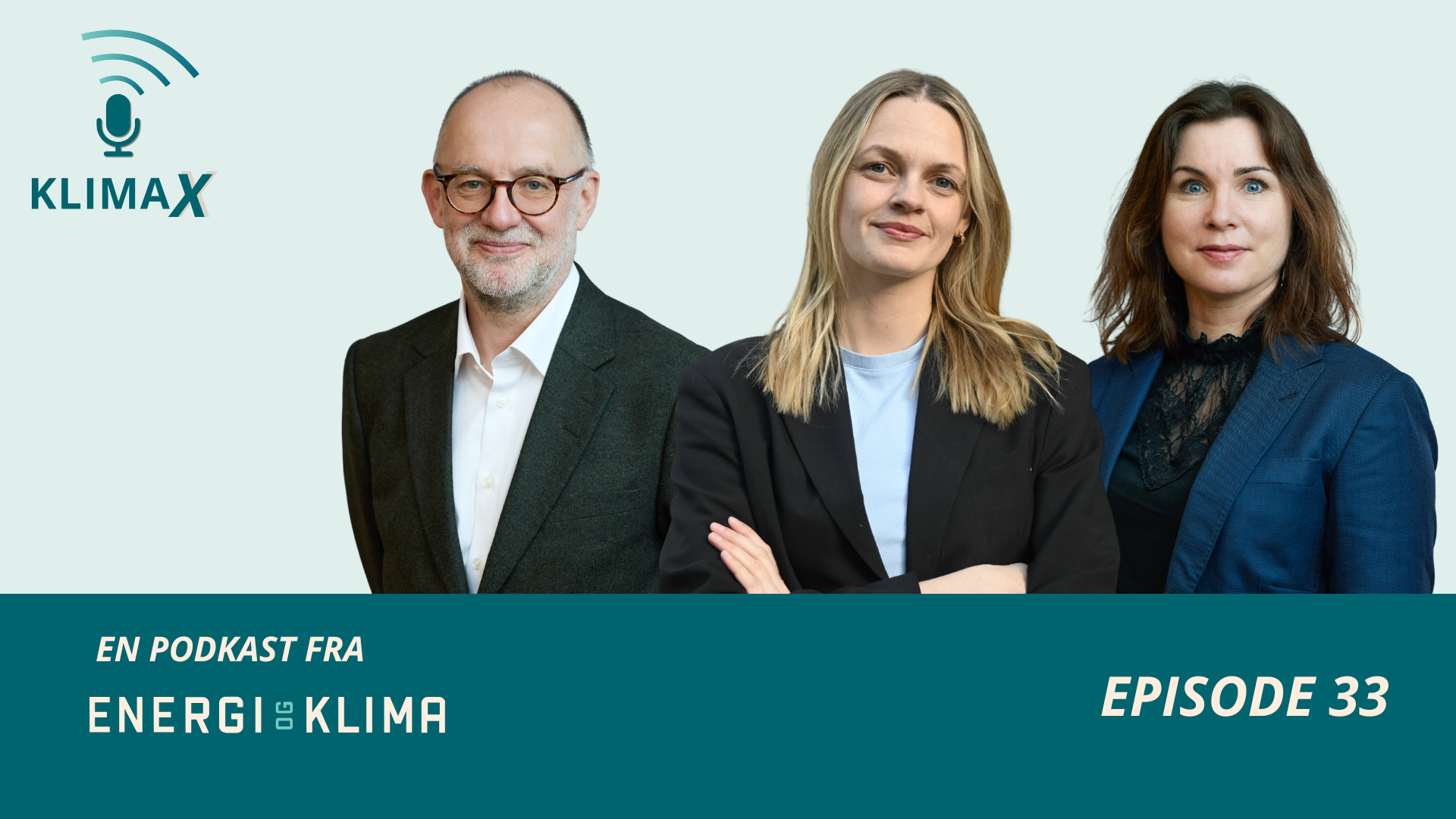 En mann og to kvinner smiler for Klimax-podkasten, episode 33 fra Energi og Klima.