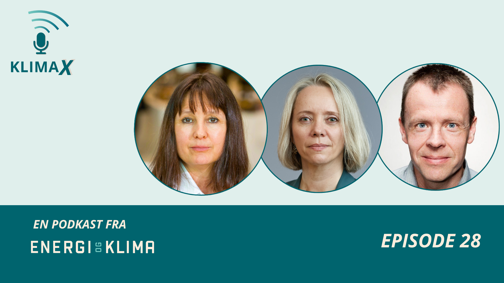 Foto av to kvinner og en mann med blikk på fotografen. Logoen til podkasten Klimax i det ene hjørnet
