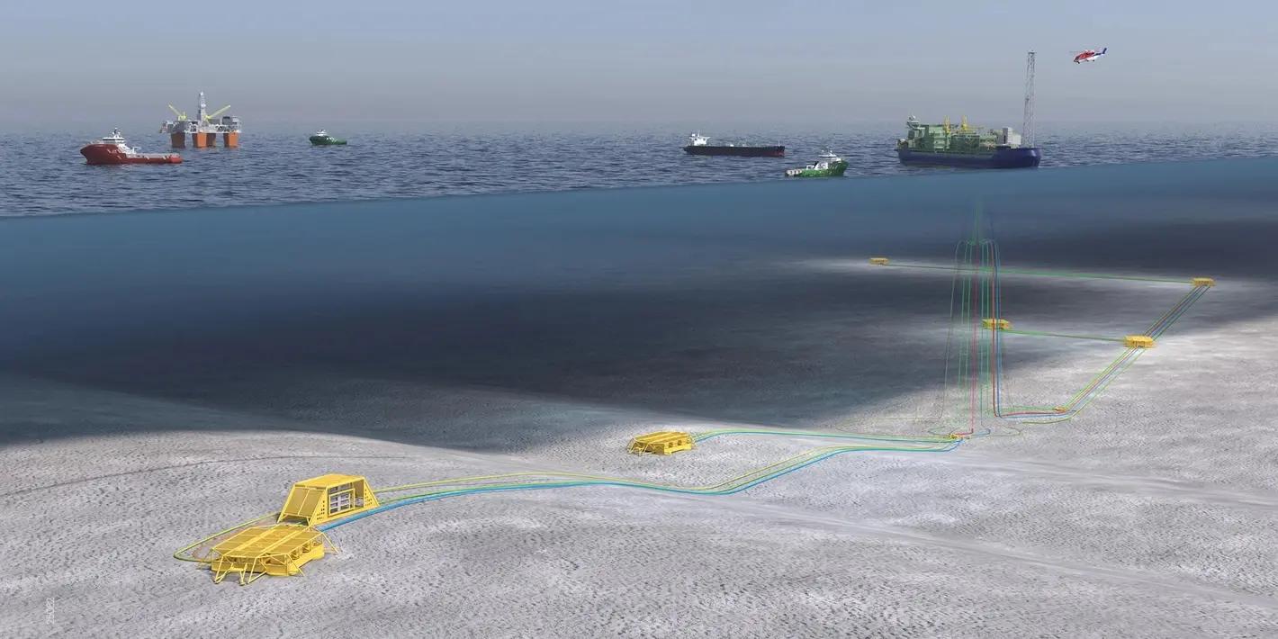 Illustrasjon av et offshore olje- og gassfelt med undervannsinstallasjoner og fartøy på havoverflaten.