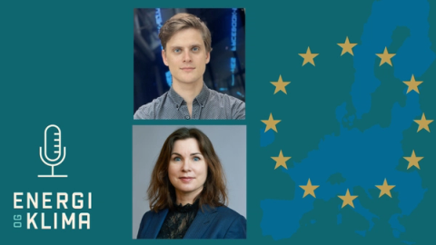 To portretter og en «Energi og Klima»-podkastlogo på en blågrønn bakgrunn, med et kart over EU og stjernene fra EU-flagget til høyre.