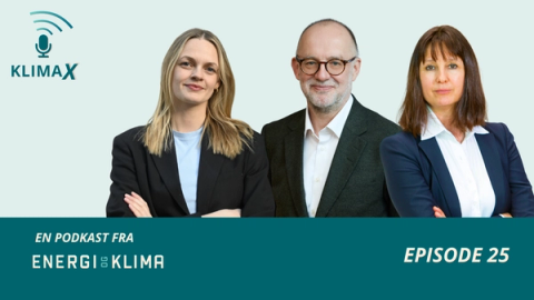 Podcast cover for 'KLIMAX' from 'Energi og Klima', Episode 25, featuring two women and a man.