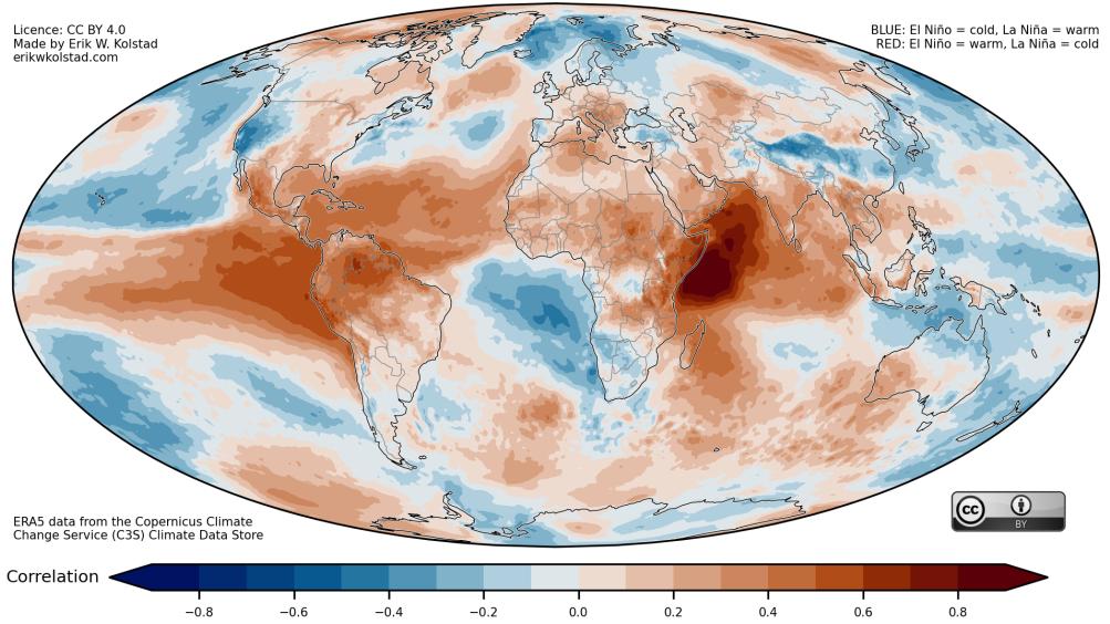Verdenskart som viser temperaturkorrelasjon med ENSO‑sykluser. Røde områder viser positiv korrelasjon (varm El Niño/kald La Niña), blå områder viser negativ korrelasjon (kald El Niño/varm La Niña).