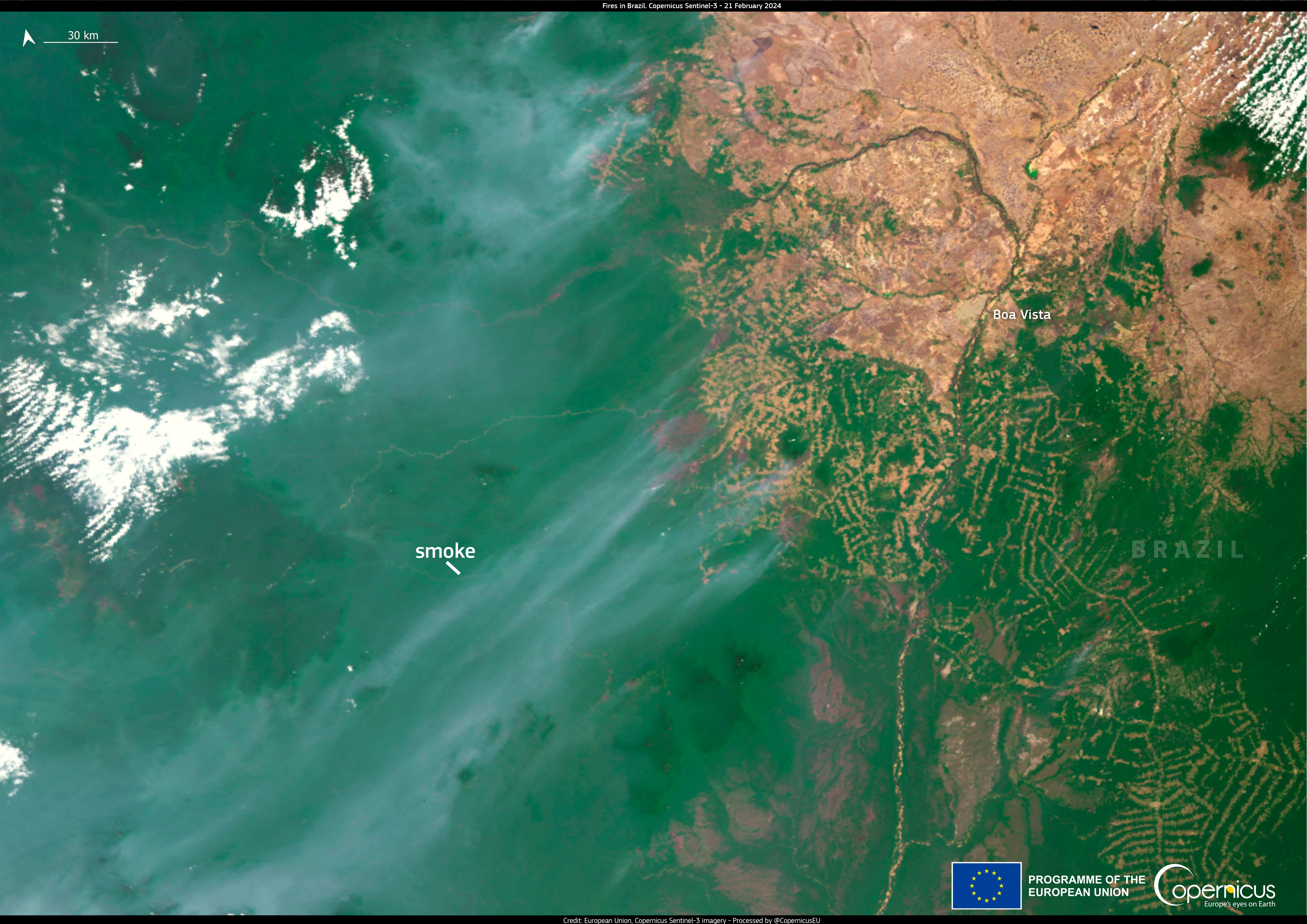 Et satellittbilde av regnskogen i Amazonas i Brasil, som viser grønn skog, brune avskogede områder med geometriske mønstre og en enorm hvit røyksky.
