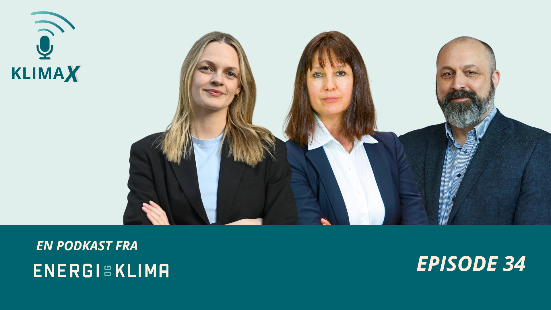 KLIMAX podkastomslag for episode 34, med to kvinner og en mann.